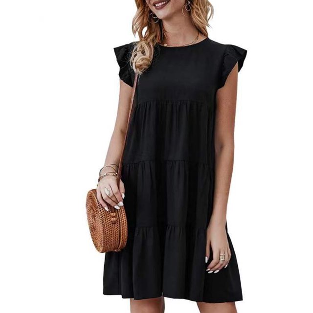 UKAP Robe T-Shirt pour Femme, Robe d'Été Évasée, Courte Mini, Simple Boho, Noir, P