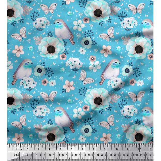 Soimoi Velvet Fabric Robin,Butterfly & Anemone Floral Print Fabric by The Yard 58 Inch Wide