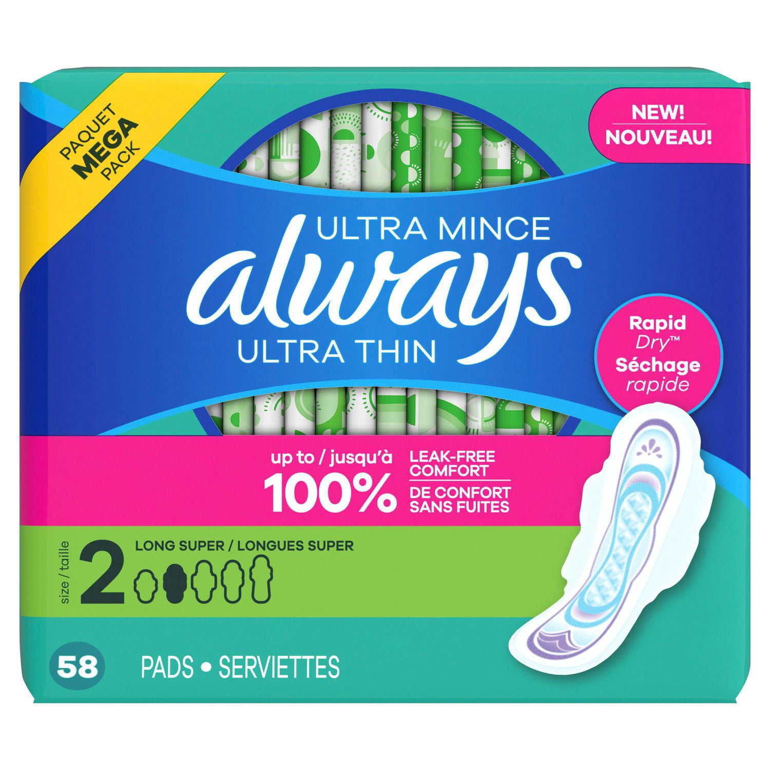 Always Pads For Women Ultra Thin With Wings, Size 2, Long Super Absorbency, Unscented 58 Count