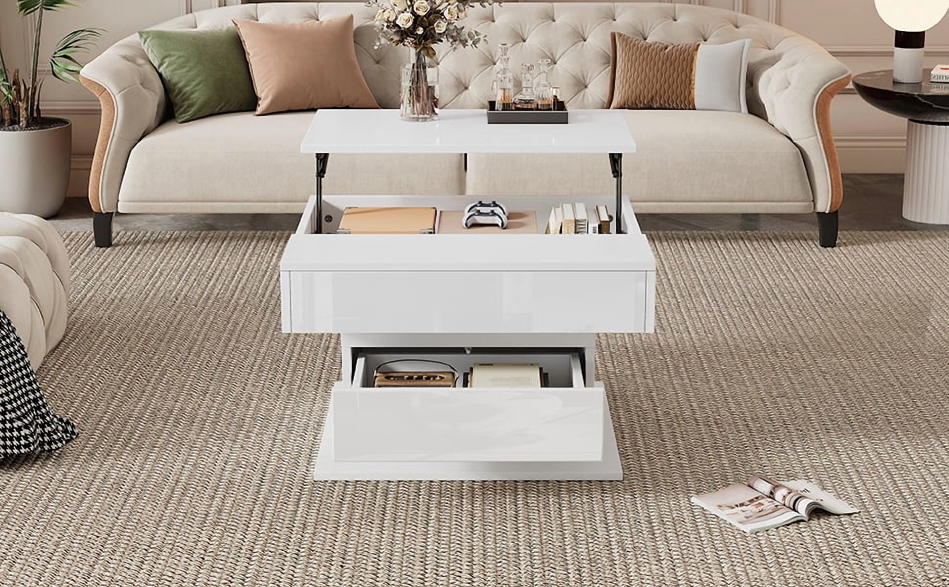 Table basse pivotante Noble House, plateau relevable brillant à 360°, blanche