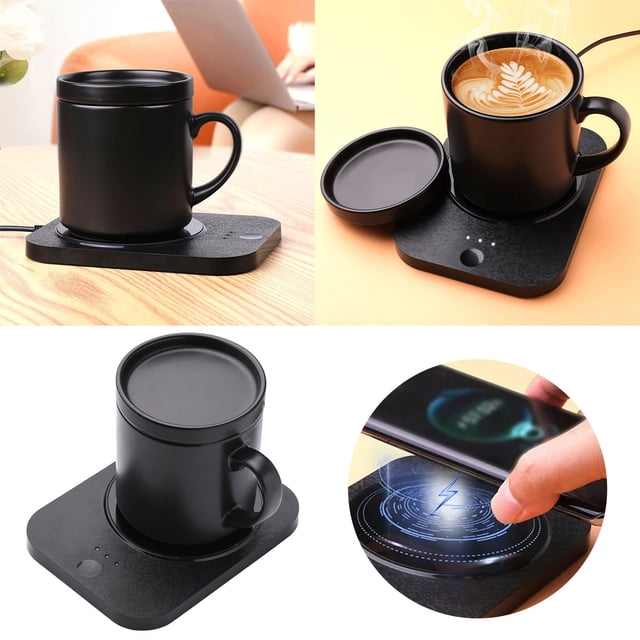 Coffee Mug Warmer & Mug Set Self Heating Mug With Wireless Smart Charging Mug With Lid 12oz For Desktop Home For Coffee Lovers Barrel Cup Acrylic Drinking Glasses Set Vacuum Insulated Coffee Mug
