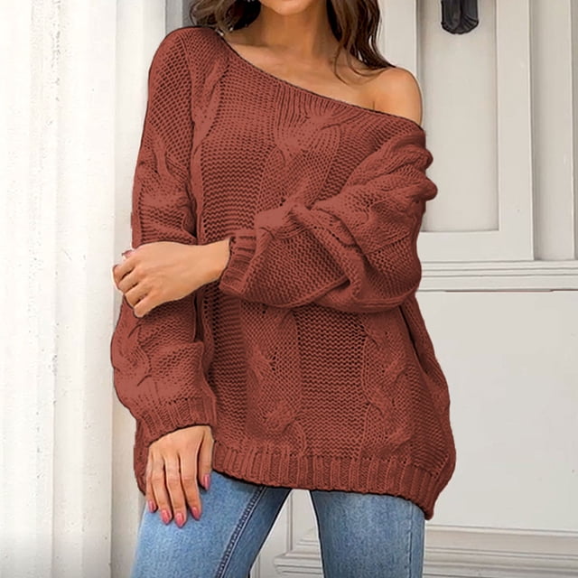 EGNMCR Chandails pour Femmes Mode Couleur Unie Grande Taille Ample Col Rond Chandail, Cadeaux pour Femmes