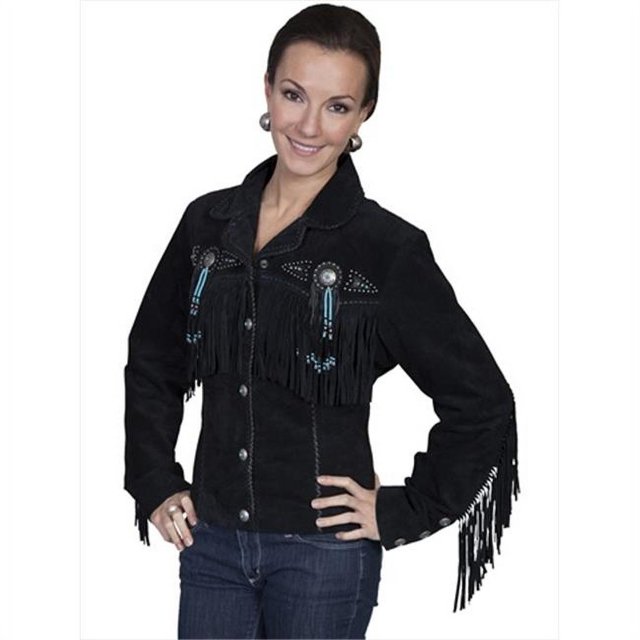 Scully L152-19-L Ladies Fringe & Beaded Leather Jacket - Black Boar Suede- Large