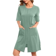 AherBiu Women's Zip up Housecoat Zipper Front Robes Lightweight Pajamas Bathrobes 1/2 Sleeve Loungewear with Pockets