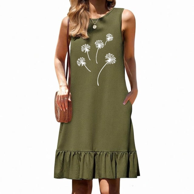 Ovzne Robes pour Femmes Robe de Plage Mode Femmes Imprimé Col Rond Sans Manches Poche Jupe Plissée Robe à Empiècements Robe pour Femmes Imprimée Liquidation