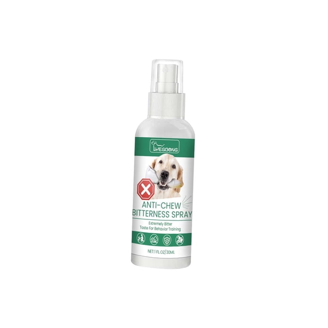 Bitter Spray for Dogs 30ml Stop Chewing Spray for Furniture Drapes Bedroom. A 30ml anti-chew bitterness spray designed for behavior training in dogs. The bottle features a spray nozzle and a label with a dog image and product details. Suitable for indoor and outdoor use on furniture, drapes, shoes, and wood to prevent chewing. Compact size of 10.8cm x 2.8cm (4.25in x 1.10in).