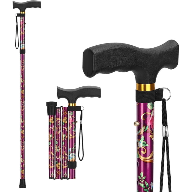 SupreGear Folding Walking Cane, Lightweight Adjustable Walking Stick with T Handle, Wrist Strap, Purple Floral