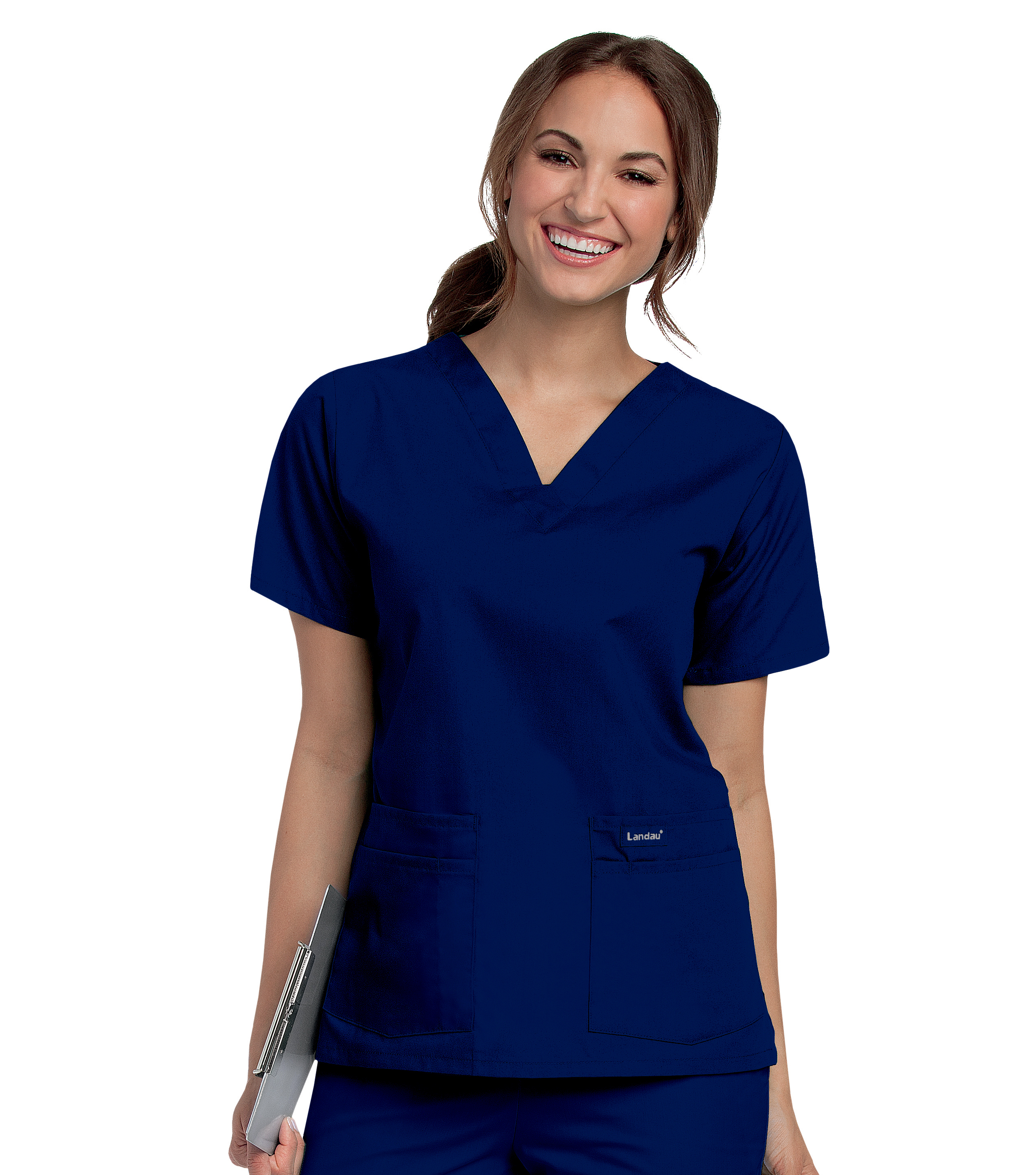 Landau Essentials Scrub Top for Women: 4 Pockets, Classic Relaxed Fit, Durable V-Neck 8219