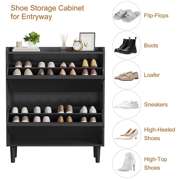 Slim Shoe Cabinet for Entryway – Black Wooden Shoe Organizer with 2 Flip-Down Compartments, Adjustable Shelf, Hidden Storage Design for Hallway, Bedroom and Living Room