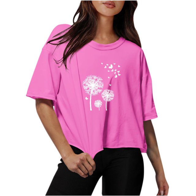 Blouses for Women Drop Shoulder Round Neck Oversized Crop Tops Workout Tops Tees