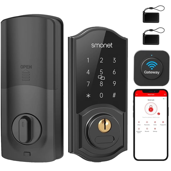 SMONET Wifi Door Lock, Remote Control Smart Deadbolt, Digital Electronic Keyless Entry Lock Bluetooth Touchscreen Auto Lock with Gateway Hub, Work with Alexa,APP,Code,Key for Home Front Door