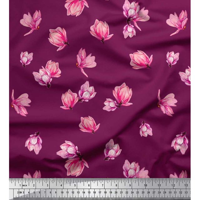 Soimoi Silk Fabric Magnolia Floral Fabric Prints by Yard 42 Inch Wide