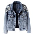 thumbnail image 1 of Veste en Jean pour Femme, Veste Courte en Denim Brodée à Rivets et Perles, Manteau Bleu TTTG, 1 of 7