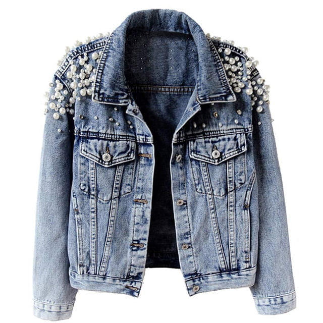 Veste en Jean pour Femme, Veste Courte en Denim Brodée à Rivets et Perles, Manteau Bleu TTTG