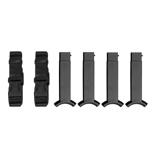 Disc-O-Bed Stack Adapter Kit for Disc-O-Bed L & XL Cot Systems, featuring four black powder-coated steel adapters and two black straps. Ideal for converting single cots into space-saving bunk beds, compatible with round and straight bed end frames. A durable camping accessory for efficient sleeping arrangements.