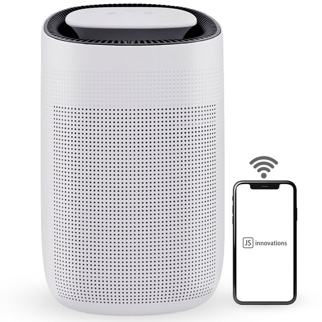 JS Vanguard 2.0 - 2-in-1 Air Purifier HEPA and Dehumidifier. Designed for small spaces. Now with mobile APP support *NEW AND IMPROVED* Front-facing compact tower with digital top control panel and water-tank indicator; 1 litre capacity; HEPA filter captures 99.97% of airborne mold spores, dust, pet dander and plant pollen; iOS/Android app plus Alexa and Google Home connectivity; covers up to 215 sq ft; ideal for bedrooms, bathrooms, closets, RVs and boats; often used as a portable moisture-control unit for travel or small damp areas.