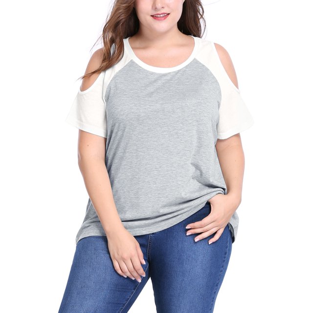 GRACE & GRANDEUR Women's Plus Tops Contrast Color Short Sleeves Cold Shoulder T-Shirt Gray 4X