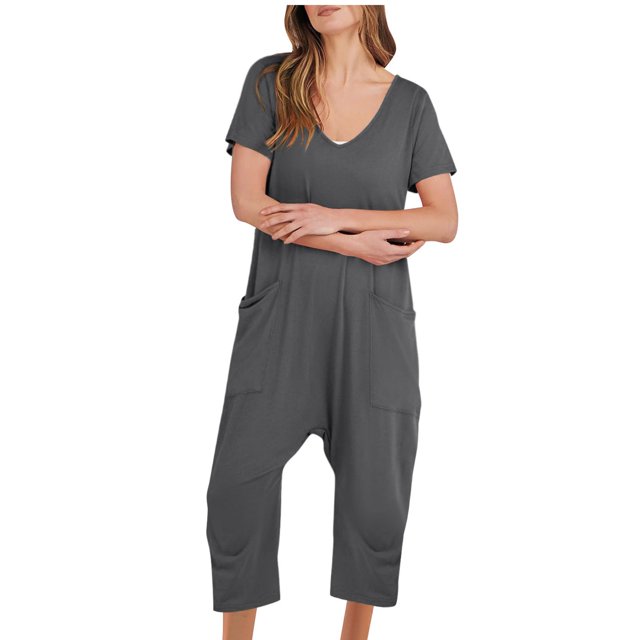 Birdeem Combinaisons pour Femmes Mode Femmes Combinaison Décontractée à Manches Courtes Combinaison Unie Combinaisons Pantalon à Jambe Grand avec Poche