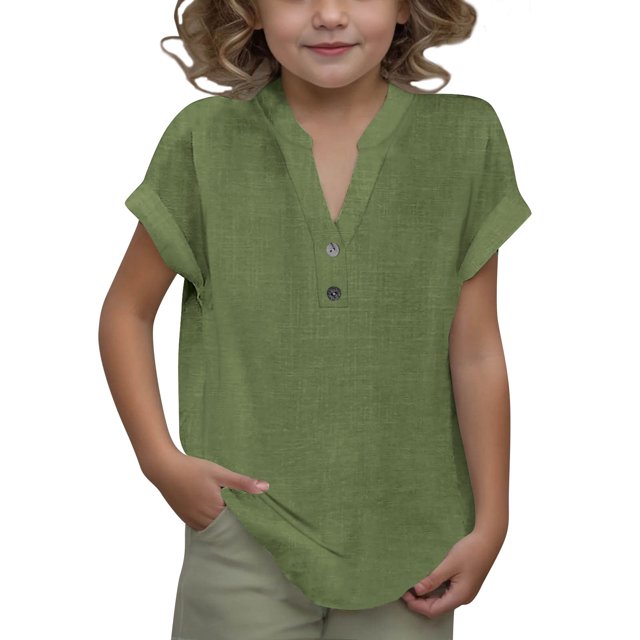 DecSea Linen Shirts for Kids 2025 Summer Button Down V Neck Short Sleeve Tops Casual Solid Blouses