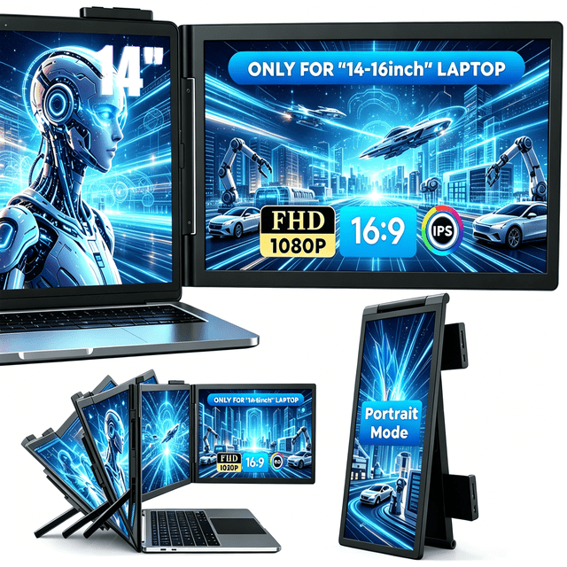 KEEPTIME 14" FHD 1080P IPS Laptop Screen Extender, Portable Monitor for 14-17" Notebooks, Dual Display with USB-C HDMI, Plug and Play for Windows Mac Android Switch PS5