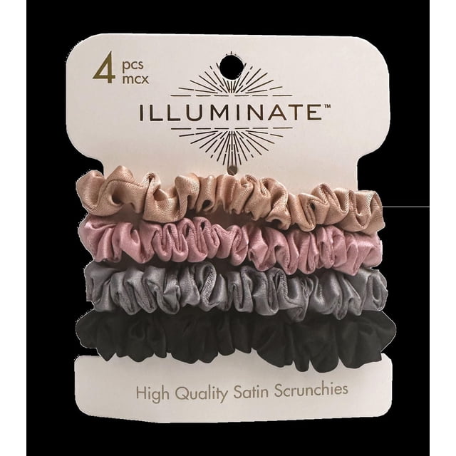 Illuminate 4 pcs satin scrunchie set with four satin hair accessories in beige, pink, gray, and black on white branded card, designed to keep hair in place and stylish, ideal for hair care and styling needs.