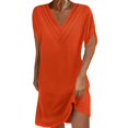 thumbnail image 2 of Ovzne Robes d'Été pour Femmes Robe Femme Couleur Unie Manches Courtes Col en V Plissé Manches Chauve-Souris Robe Femme Manches Courtes Liquidation, 2 of 6