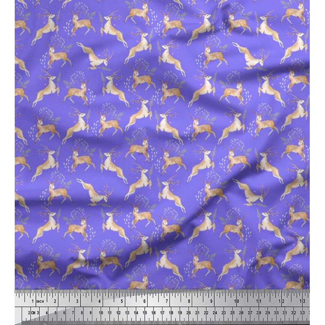 Soimoi Tissu Voile de Coton Feuilles et Imprimés d'Animaux Rennes au Mètre 56 Pouces de Large