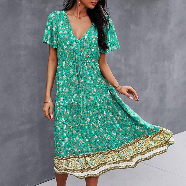 SMihono Robe d'Été Boho pour Femmes Grande Taille Mode Robe Décontractée à Col en V Imprimée avec Ceinture Manches Courtes Ample
