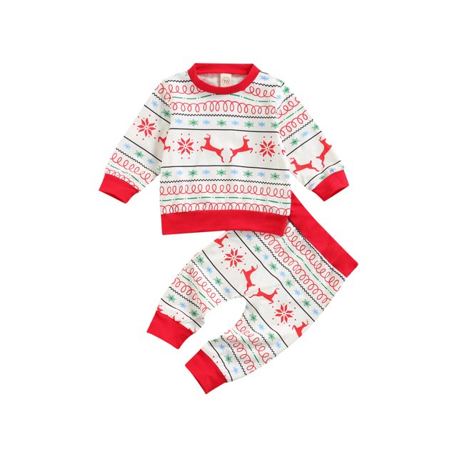 FOCUSNORM Christmas Deer & Snowflake Print Long Sleeve Sweatshirt + Trousers