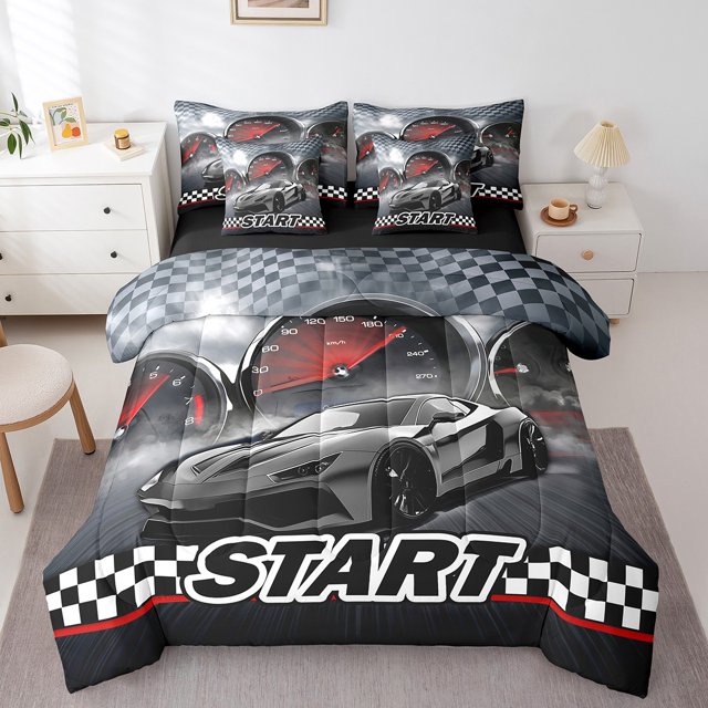 Erosebridal Geometric Buffalo Bedding Sets Twin Size,Fast Car Comforter Sets with Sheets,Racing Car Decoration,Reversible,Breathable,7-Piece