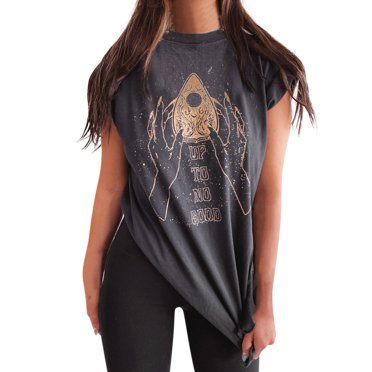 TSADFHJI T-Shirts pour Femmes Coupe Ample Grande Taille Haut à Col Rond pour Femme Manches Courtes Haut Punk Déclaré Haut à Fente Latérale TG Gris