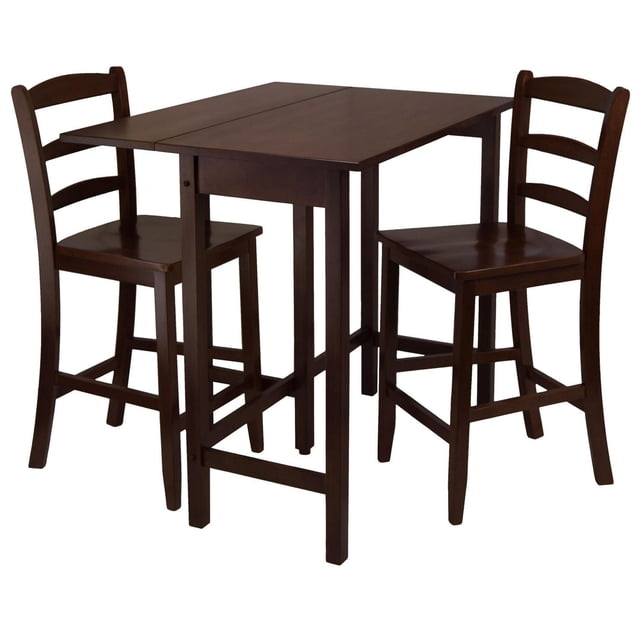 Winsome- Lynnwood Ensemble de Cuisine 3 Pcs avec une table Haute en Bois Massif, Fini Noyer antique, Doté d'Un Abattant pour Gain de Place et de Deux Tabourets de Comptoir à Dossier en Échelle avec une Hauteur d'Assise de 24 Pouces, Idéal pour les Petits Espaces de Cuisine Ou de Salle à Manger.