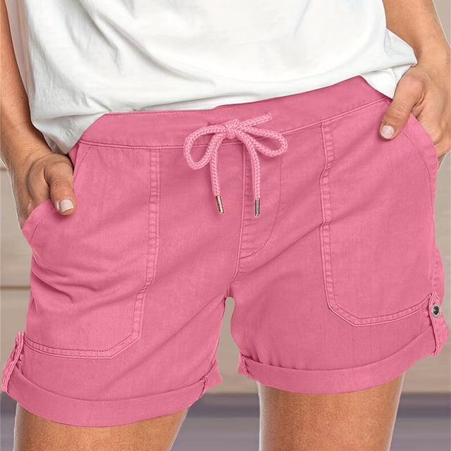 LVHAOGJOB Womens Shorts Elastic Wasit Pants with Pockets Solid Color Athletic Comfy Workout Shorts for Ladies