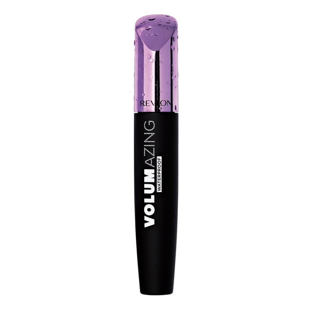 Revlon Volumazing Mascara waterproof in a black tube with a glossy purple cap featuring water droplets, designed to provide rich, fanned out lash volume with long-lasting, smudge-proof wear suitable for enhancing eye makeup.