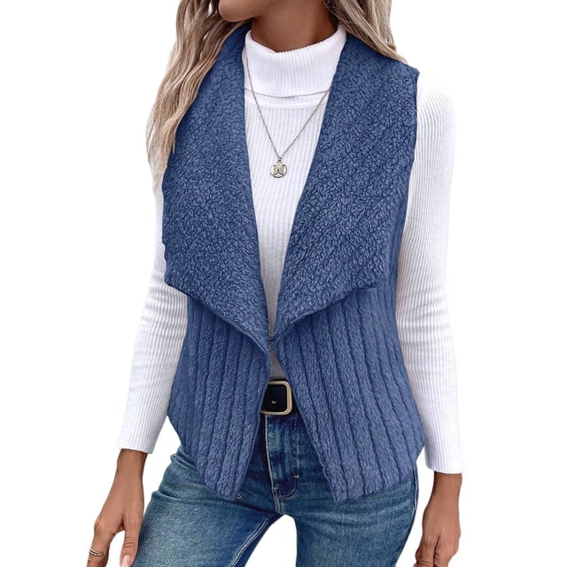 Gilet Sans Manches en Peluche Simple et Décontracté pour Femmes Automne et Hiver, Cardigan Bleu M