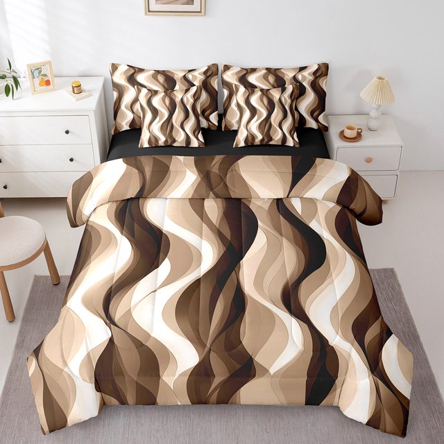 Erosebridal Brown Geometry Bedding Sets Queen Size, Abstract Ombre Comforter Sets with Sheets, Stripes Artwork Reversible Bed Sheets Set, Ultra Soft Room Decor, 7-Piece