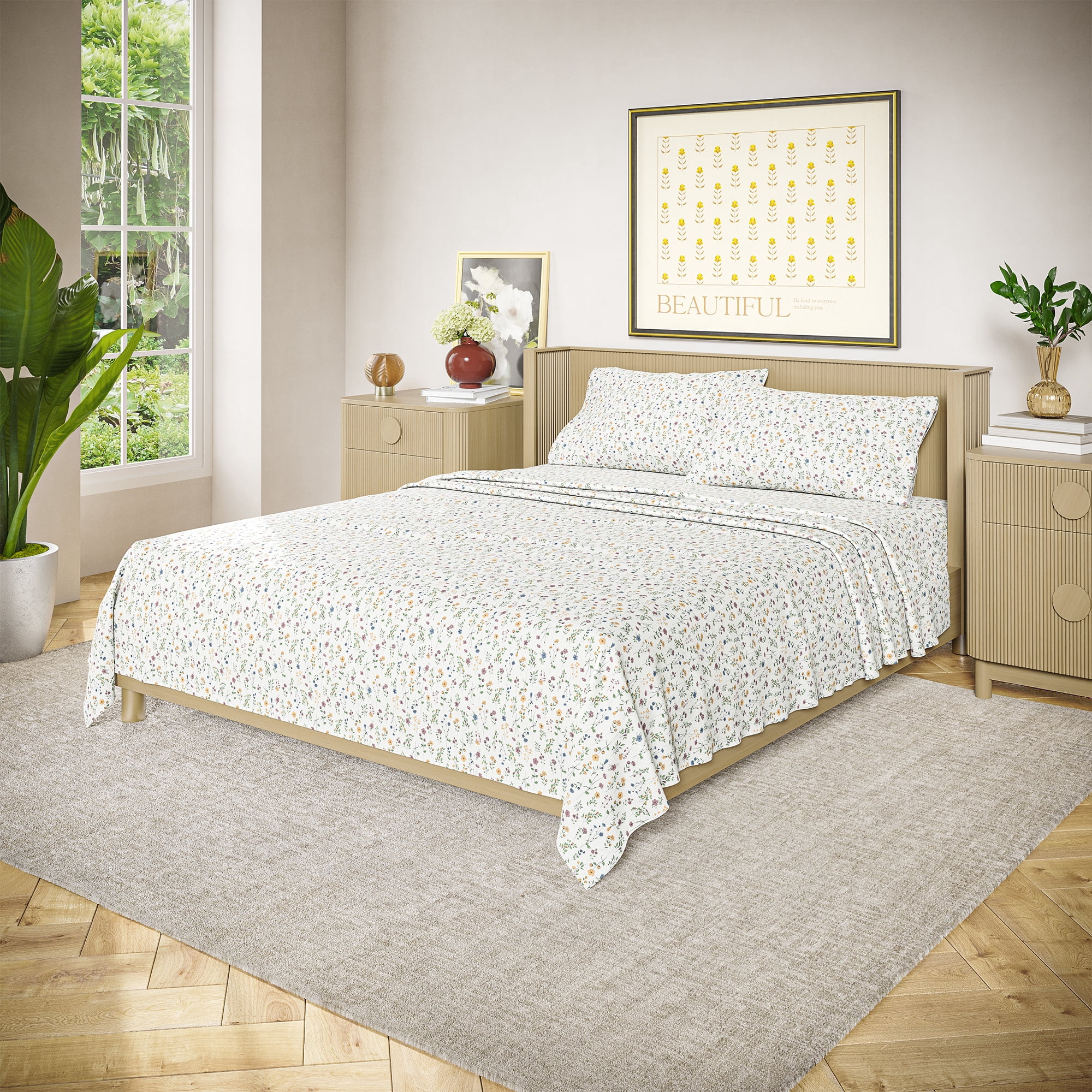ENSEMBLE DE DRAPS EN PERCALE BOTANIQUE 4 PIÈCES BLANC, GRAND LIT – BEAUTIFUL PAR DREW BARRYMORE