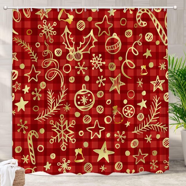 Christmas Celebration Decor Shower Curtain,Red Christmas Checkered Bathroom Decor Polyester Fiber Plastic Rings Quick-Drying Waterproof for Bathtubs/Bathroom, 72x72 inches