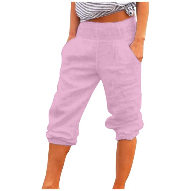 Pantalon à Jambe Droite Femme Liquidation Pantacourts pour Femmes 2025 Été Décontracté Coupe Ample Pantacourts Taille Élastique Coton Lin Jambe Droite Pantalon Court Femme Pantalon de Randonnée Nouveau Rose G