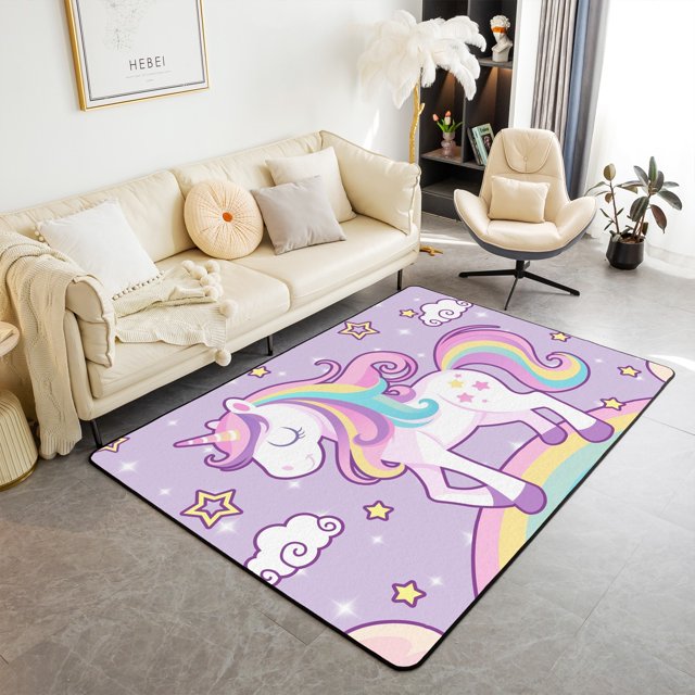 YST Unicorn Rainbow Area Rug for Girls,Purple Rainbow Bedroom Rug 3x5,Kids Unicorn Area Rugs,Cartoon Unicorn Star Clouds Doodle Living Room Rug Non Slip