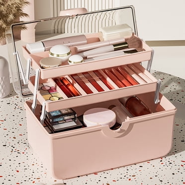 Maplenight 3-Tier Clear Makeup Organizer Box - High-Capacity Cosmetic & Nail Polish Storage Case with Waterproof Design - Portable Makeup Train Case Beauty Organizer for Travel & Desktop Use Pink