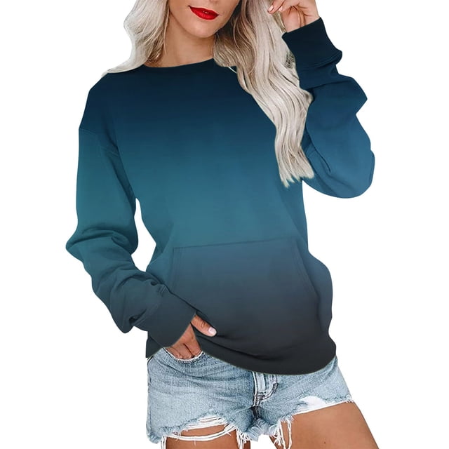 Pisexur Chandails en Molleton pour Femmes 2024 Couleur Dégradée Col Rond Chandails en Molleton Manches Longues pour Femmes Décontracté Ample Surdimensionné Chandail à Capuchon Chandail Tops Mode Vêtements d'Automne avec Poche