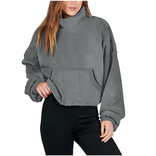 AherBiu Chandails en Molleton Sherpa pour Femmes à Col Roulé, Chandail à Cordon, Court, d'Hiver, à Manches Longues