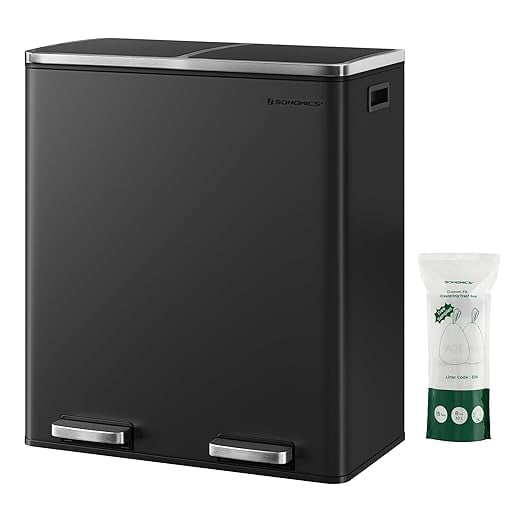 SONGMICS Trash Can, 2 x 8 Gallon (2 x 30 L) Garbage Can for Kitchen, with 15 Trash Bags, 2 Compartments, Plastic Inner Buckets and Hinged Lids, Airtight, Black