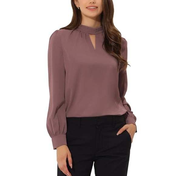 INSPIRE CHIC Women's Work Office Shirt Keyhole Elegant Stand Collar Fall Long Sleeve Chiffon Blouse Carmine L