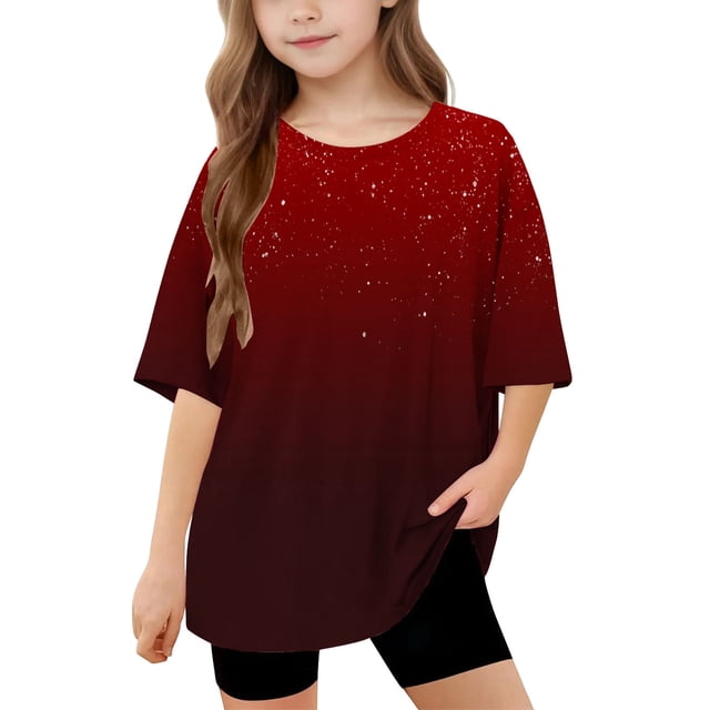 DecSea Girls Short Sleeve T shirt Kids Summer Oversized Gradient Crew Neck Tops Casual Basic Tee 5-14Years
