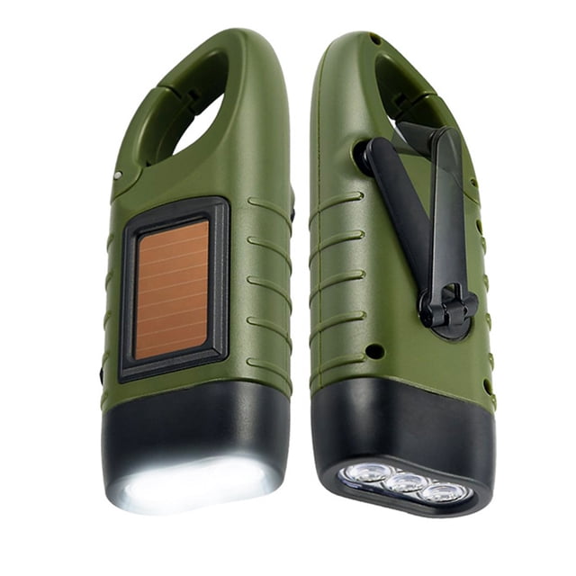 Jadeshay Hand Crank Torch Solar Powered Flashlights, Rechargeable LED Handheld Flashlights Outdoor Emergency Lamp with Carabiner. The flashlight features a green body with a built-in solar panel, a hand crank for emergency power generation, and three high-brightness LED lights. It includes a carabiner for easy attachment and portability, making it ideal for outdoor and emergency use.