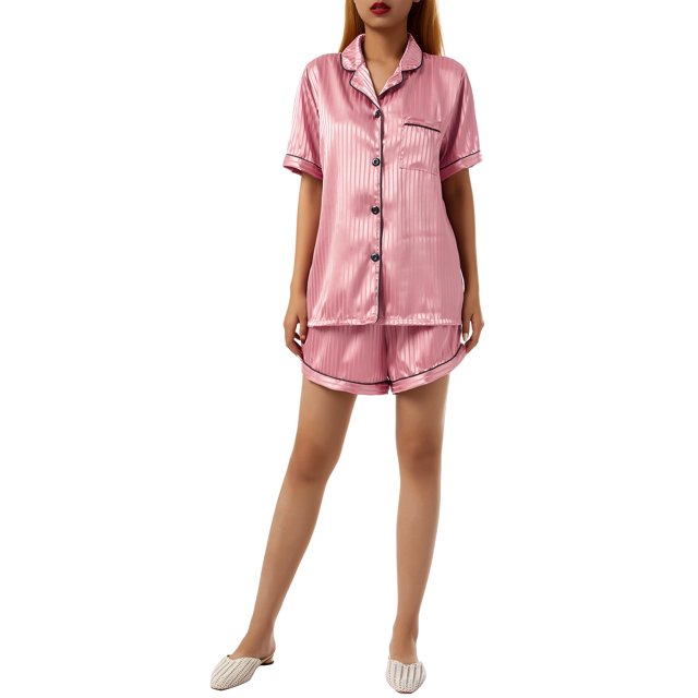 Kmbangi Ensemble de Pyjama Décontracté pour Femmes, Chemise à Manches Courtes Col à Revers Boutonnée Taille Élastique Rayé Short, Vêtements pour Femmes