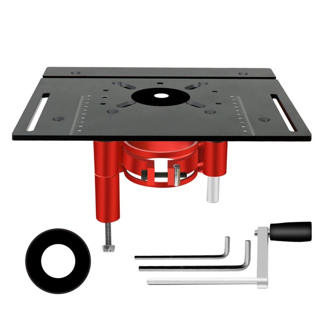 TFixol Adjustable Height Aluminum Alloy Router Table Insert Plate with Lifting Base, Black, 2-Piece Set (Plate + Base) for Woodworking