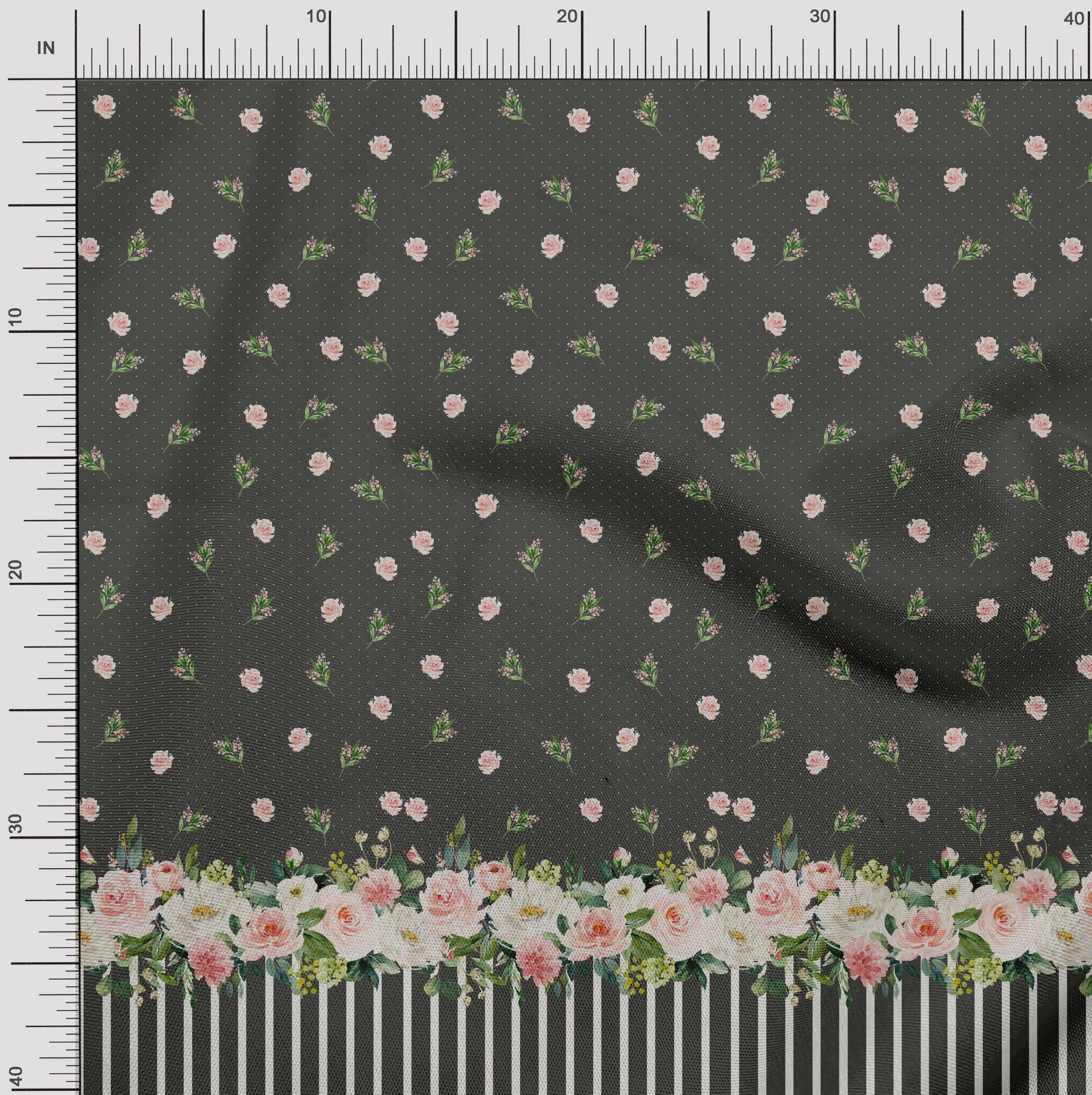 Soimoi Gray Rayon Crepe Fabric Dot & Floral Panel Printed Craft Fabric by The Yard 46 Inch Wide